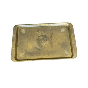 Antique Arts & Crafts Solid Hand Hammered Olbury Brass Serving Tray Asian Theme